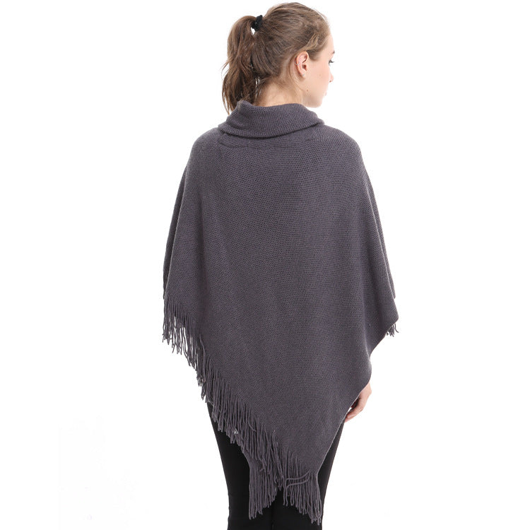 Autumn and Winter New Shawl Cloak Tassel Horn Button Pure Color Asymmetrical Double Layer Tassel Cloak Shawl Warm and Thickeneded