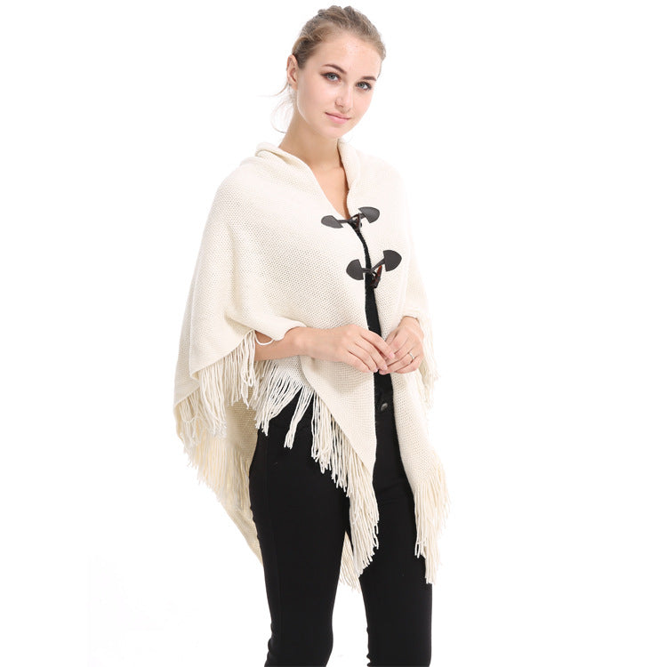 Autumn and Winter New Shawl Cloak Tassel Horn Button Pure Color Asymmetrical Double Layer Tassel Cloak Shawl Warm and Thickeneded
