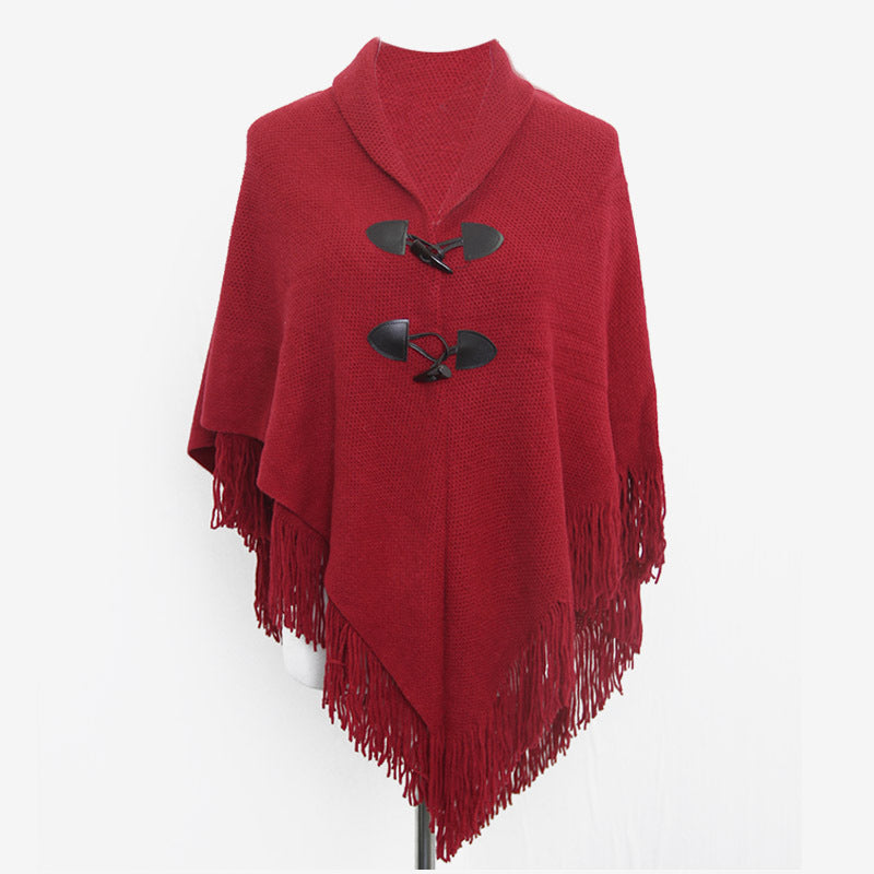 Autumn and Winter New Shawl Cloak Tassel Horn Button Pure Color Asymmetrical Double Layer Tassel Cloak Shawl Warm and Thickeneded