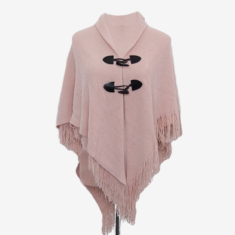 Autumn and Winter New Shawl Cloak Tassel Horn Button Pure Color Asymmetrical Double Layer Tassel Cloak Shawl Warm and Thickeneded