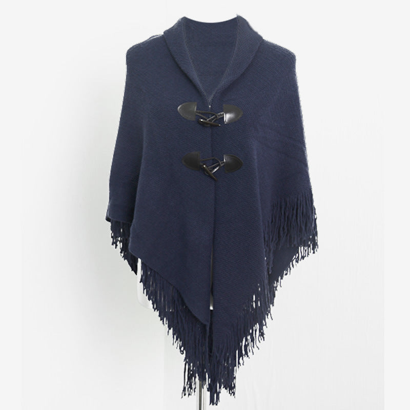 Autumn and Winter New Shawl Cloak Tassel Horn Button Pure Color Asymmetrical Double Layer Tassel Cloak Shawl Warm and Thickeneded