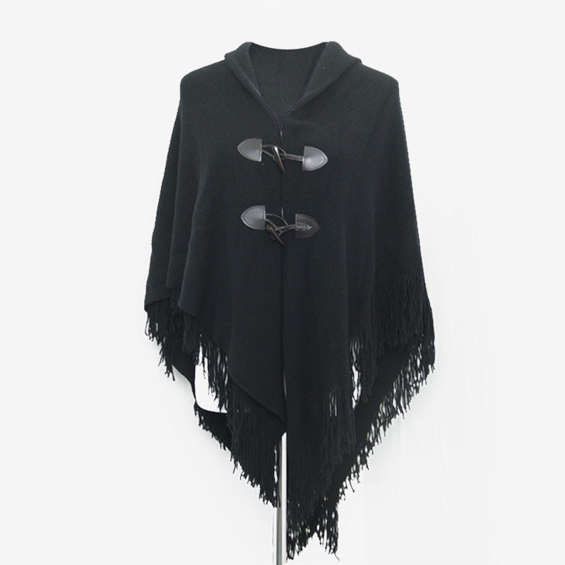 Autumn and Winter New Shawl Cloak Tassel Horn Button Pure Color Asymmetrical Double Layer Tassel Cloak Shawl Warm and Thickeneded