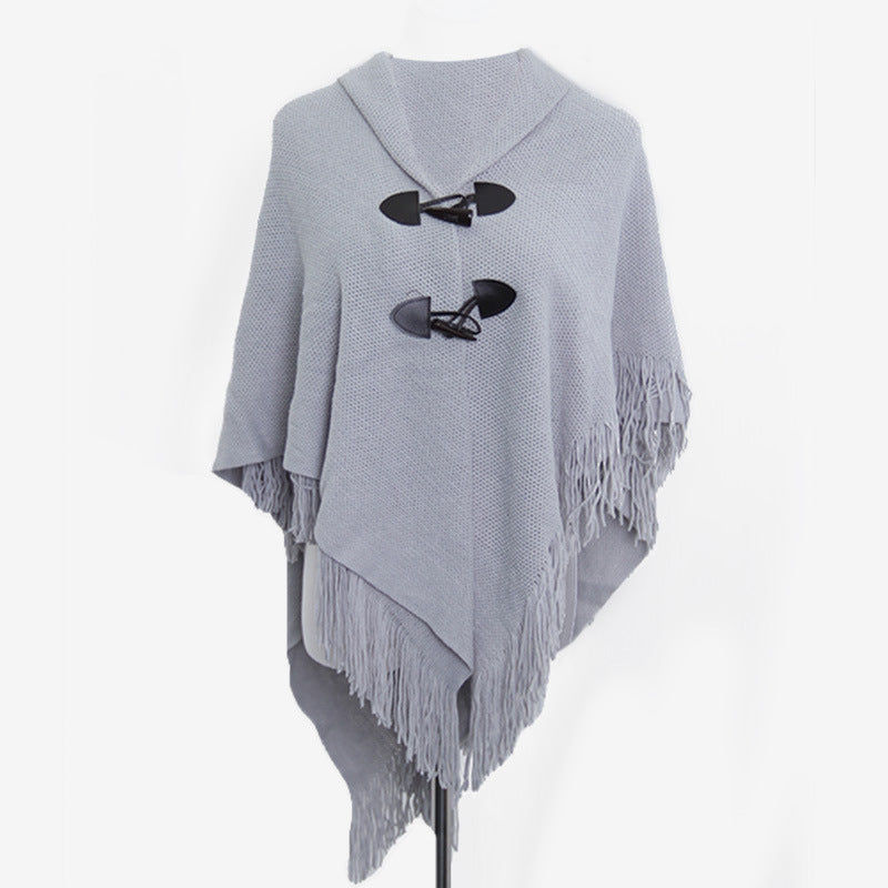 Autumn and Winter New Shawl Cloak Tassel Horn Button Pure Color Asymmetrical Double Layer Tassel Cloak Shawl Warm and Thickeneded