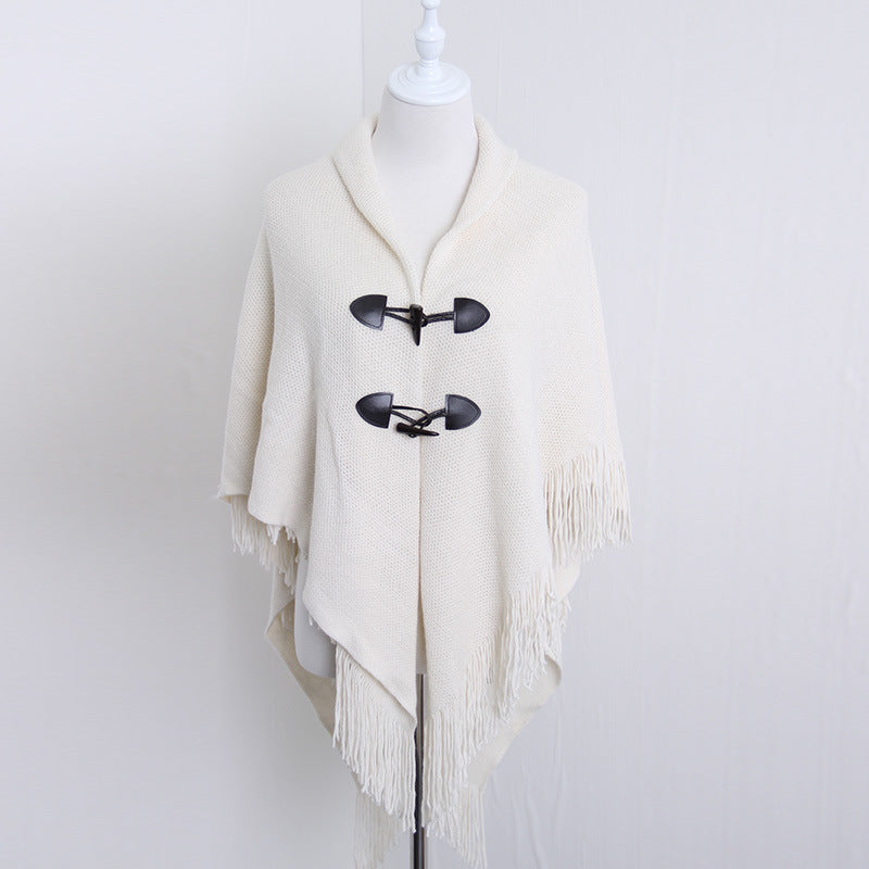 Autumn and Winter New Shawl Cloak Tassel Horn Button Pure Color Asymmetrical Double Layer Tassel Cloak Shawl Warm and Thickeneded
