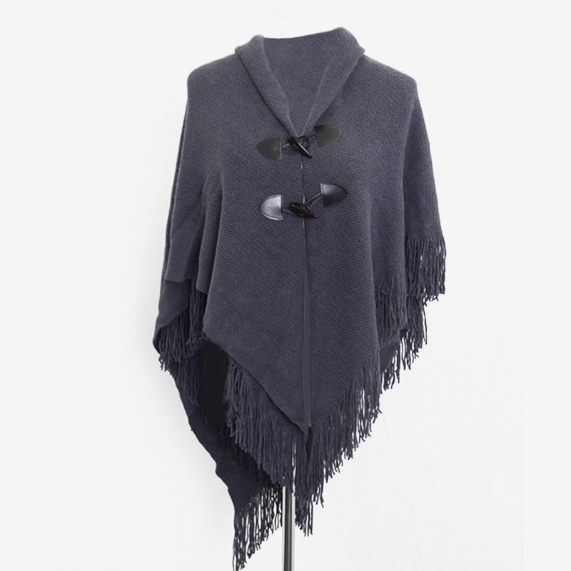 Autumn and Winter New Shawl Cloak Tassel Horn Button Pure Color Asymmetrical Double Layer Tassel Cloak Shawl Warm and Thickeneded