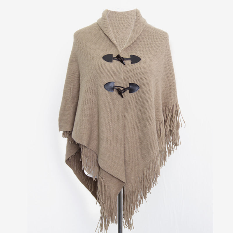 Autumn and Winter New Shawl Cloak Tassel Horn Button Pure Color Asymmetrical Double Layer Tassel Cloak Shawl Warm and Thickeneded