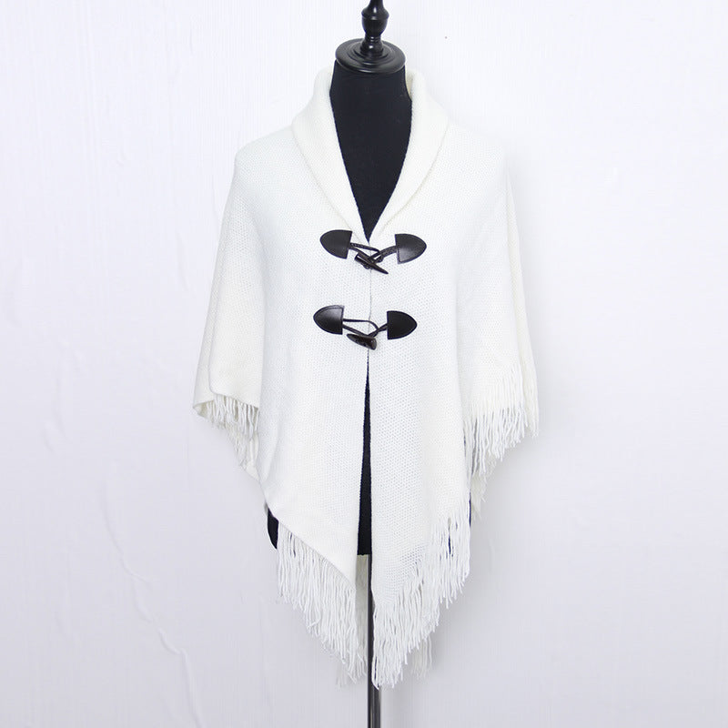 Autumn and Winter New Shawl Cloak Tassel Horn Button Pure Color Asymmetrical Double Layer Tassel Cloak Shawl Warm and Thickeneded