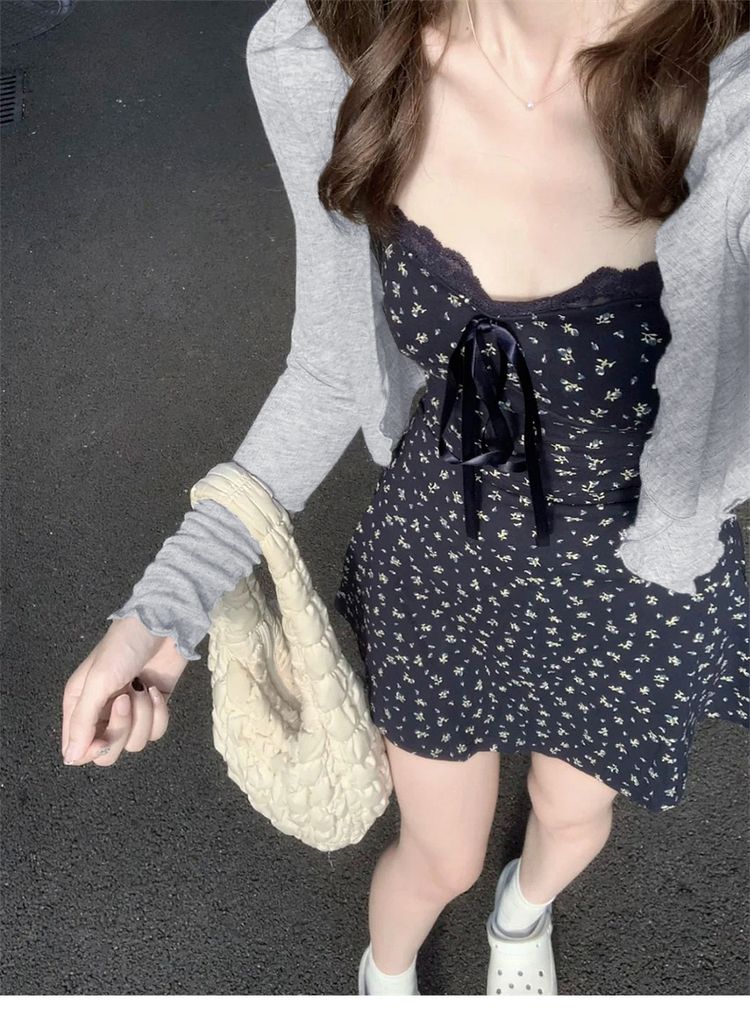 Women's Bodycon Navy Floral Camisole Dress And Plain Knit Cardigan Set Petite Slim Fit Fall Outfit Chic Vacation Cover-Up Spring