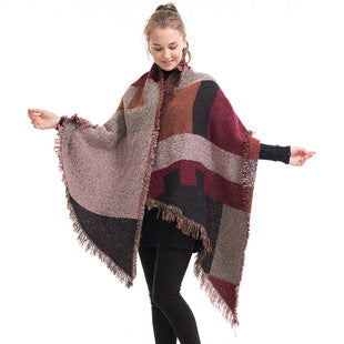 Autumn and Winter New Shawl Cloak Tassel Horn Button Pure Color Asymmetrical Double Layer Tassel Cloak Shawl Warm and Thickeneded
