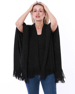 Autumn and Winter New Shawl Cloak Tassel Horn Button Pure Color Asymmetrical Double Layer Tassel Cloak Shawl Warm and Thickeneded