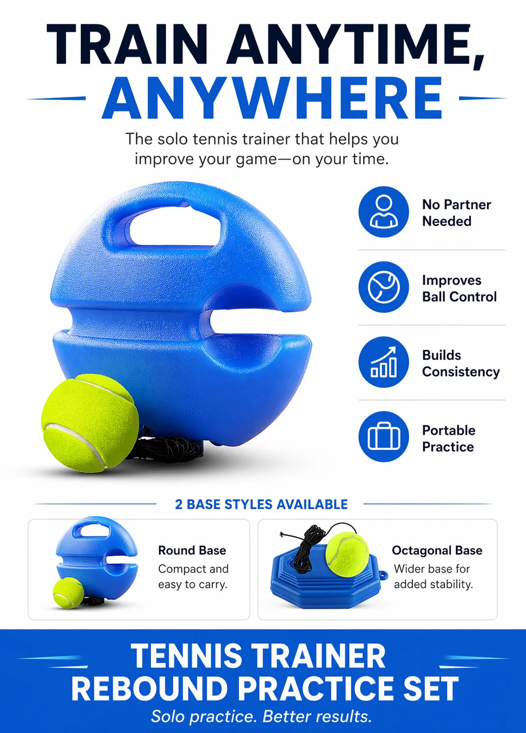 Portable Tennis Trainer Rebound Ball Set Solo Practice Tool with Elastic Cord Training Base for Tennis Practice Anywhere