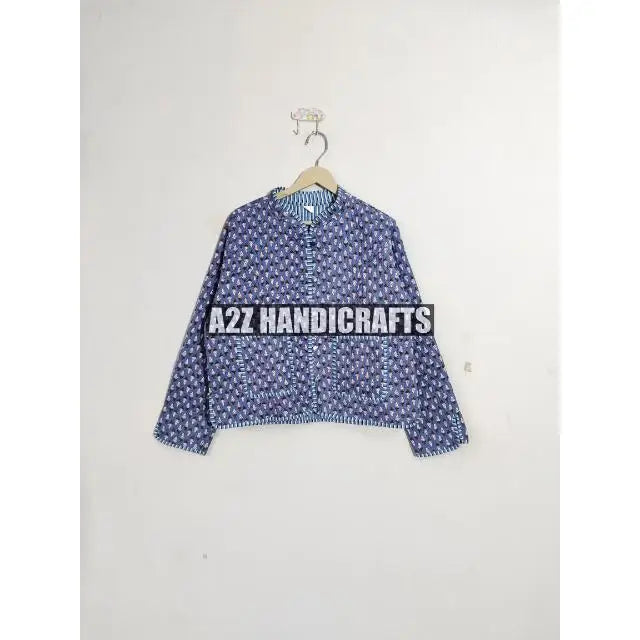 Indian Hand Block Print Cotton Quilted Jacket for Women New Style Breathable and Woven with Pocket Decoration for Autumn