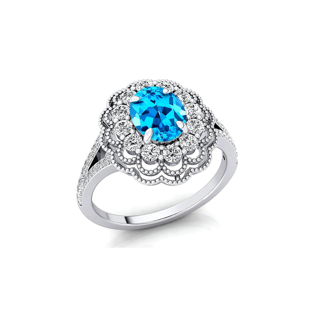 Exclusive Wedding Cluster Rings 18K Solid Gold Natural Swiss Blue Topaz Gemstone Real White Diamond Rhodium Plated Ring For Her