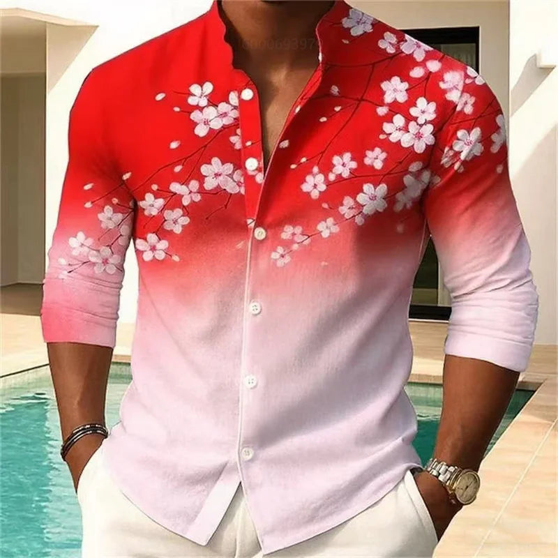 Men's floral print shirt fashion casual outdoor vacation daily spring and autumn Chinese style stand collar shirt pink blue