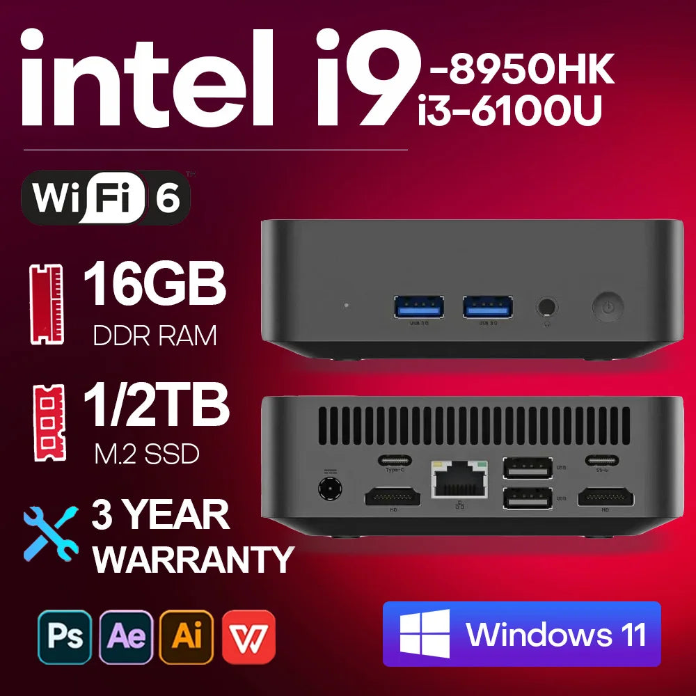 NEW Mini PC Intel I9 8950HK Windows 11 Pro 16GB RAM 1TB SSD Small Pocket Computer 4K 60Hz WiFi6 BT5.2 Gaming Desktop PC Portable