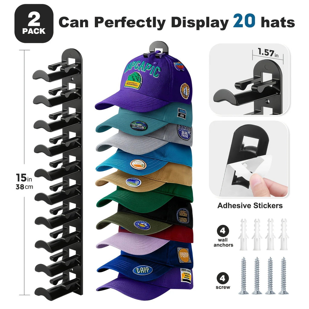 Hat Racks for Baseball Caps, Versatile Adhesive or Wall-Drilled Mounting Hat Rack for Wall, MultiLayer Hat Storage, Durable Plas
