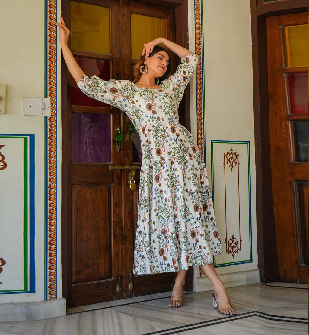 Wholesale Formal White Floral Printed Rayon Tiered Dress for Women square Neck Three-quarter Sleeves High Quality Elegant Summer