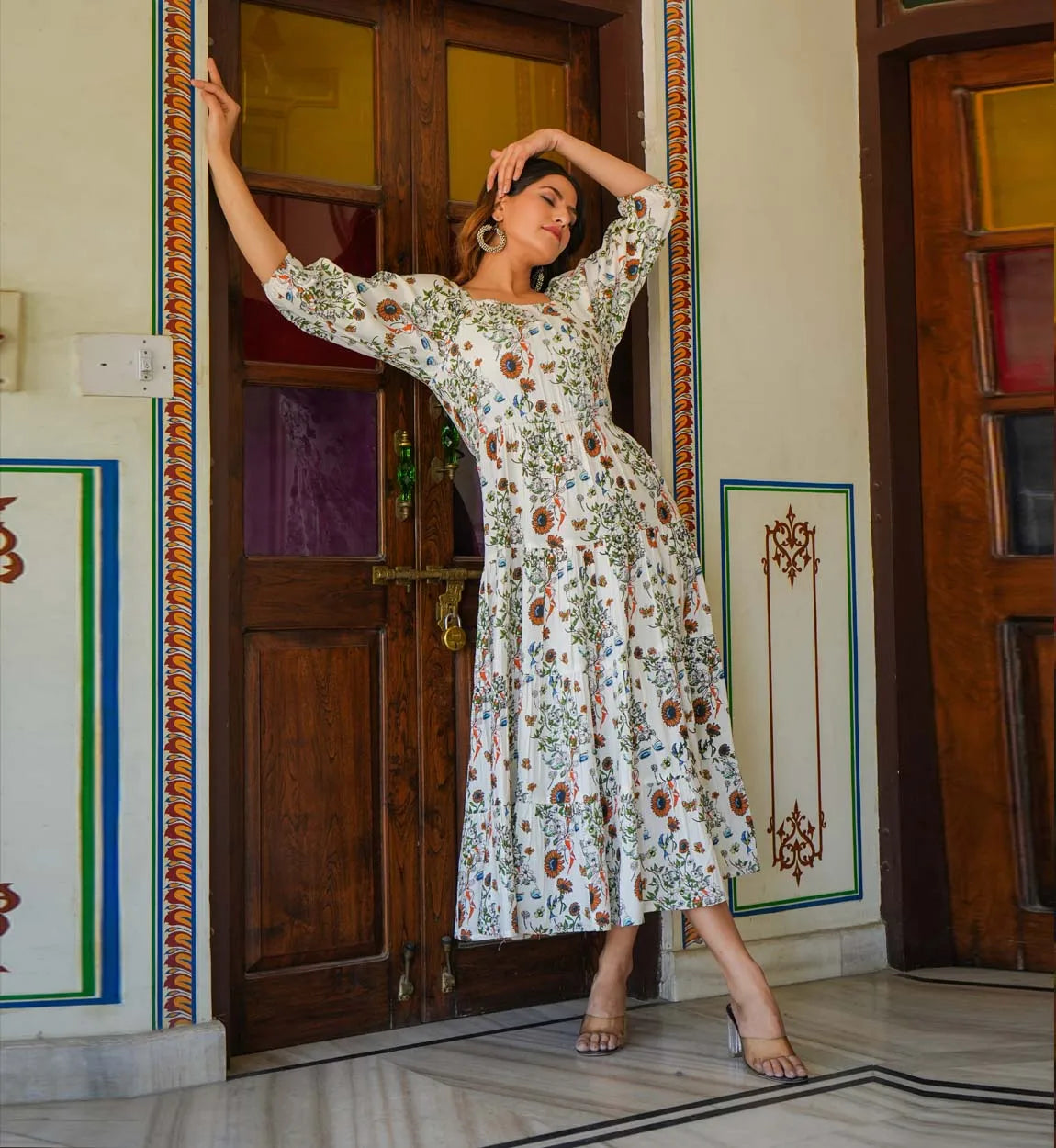 Wholesale Formal White Floral Printed Rayon Tiered Dress for Women square Neck Three-quarter Sleeves High Quality Elegant Summer