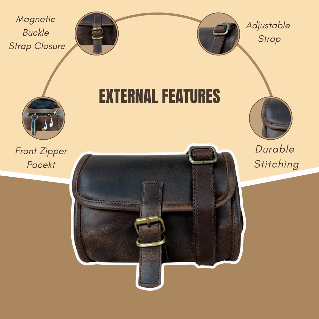 Women's Buffalo Hide Durable Lightweight Zipper Closure Small Round Brown Shoulder Crossbody Bag Sling Purse Handmade