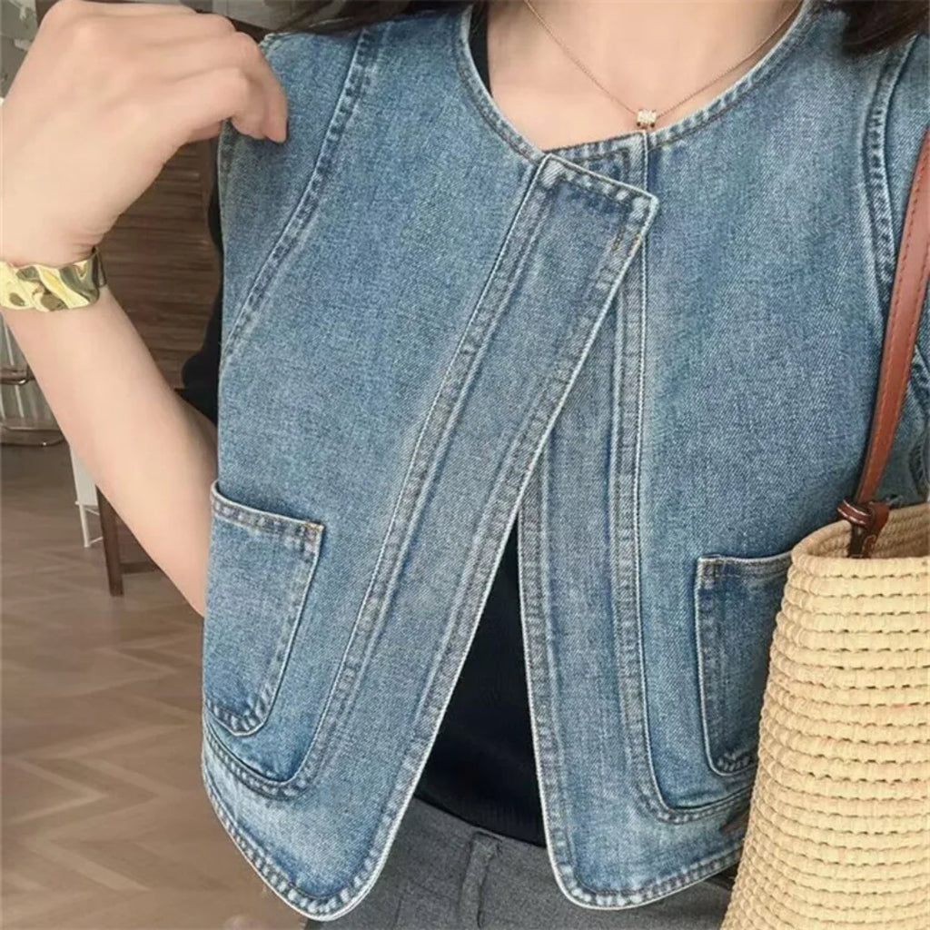 Denim Vest Ladies Clothes Clearance Sleeveless Round Neck Casual Crop Denim Waistcoat Streetwear Fashion Vests For Women 2026