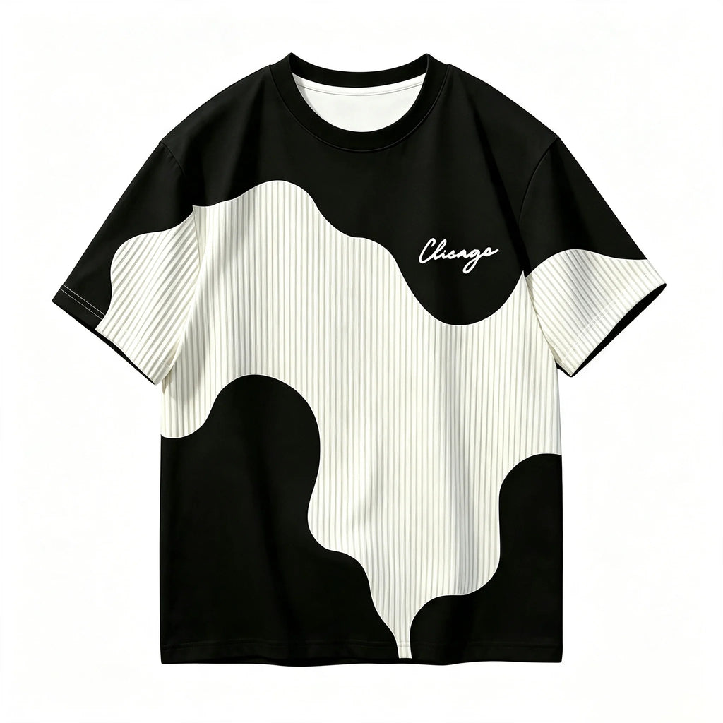 Men Chicago Letter Patchwork T-shirt Wavy Color Block Striped Short Sleeve Crew Neck Casual Streetwear Tops