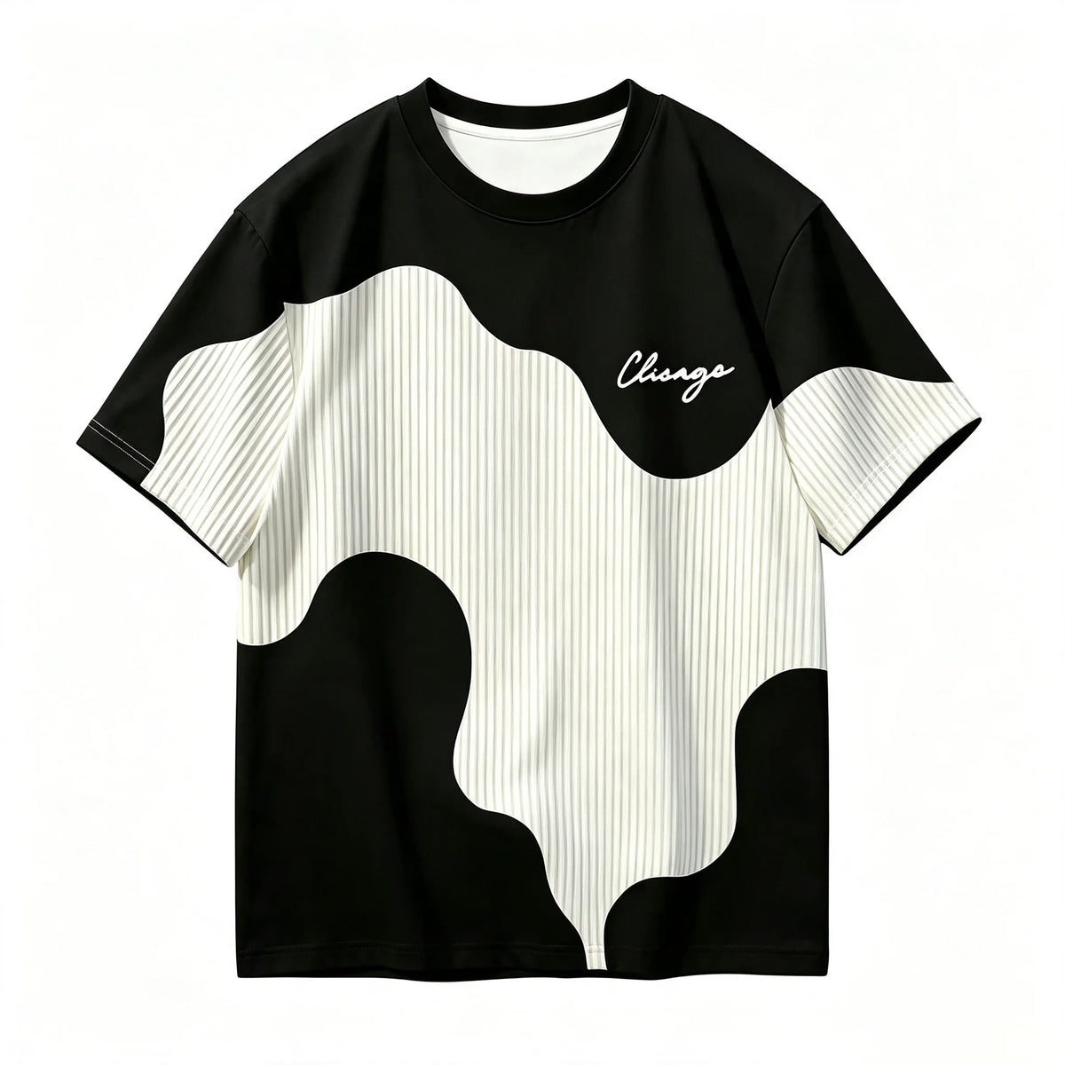 Men Chicago Letter Patchwork T-shirt Wavy Color Block Striped Short Sleeve Crew Neck Casual Streetwear Tops