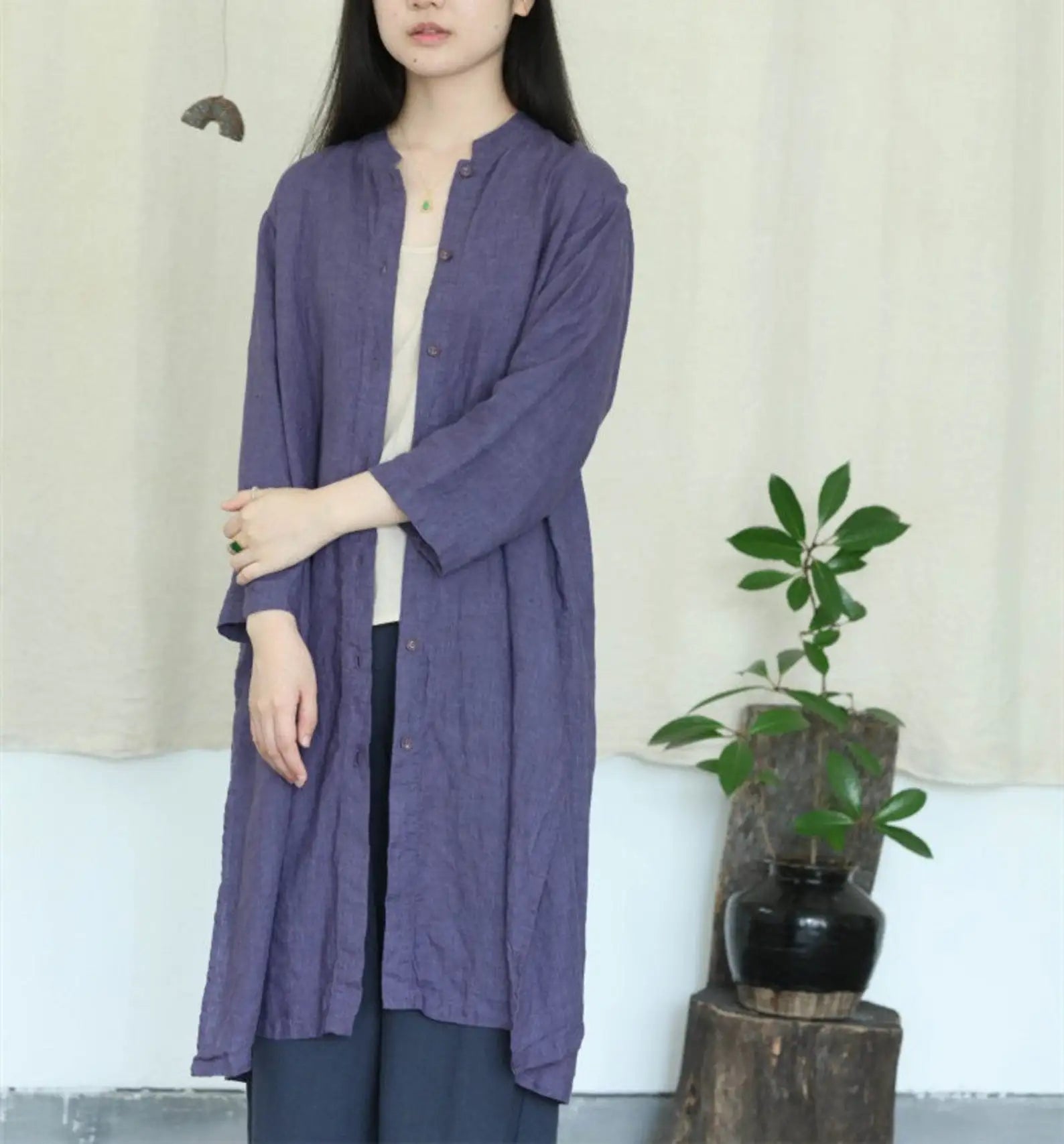 Custom Women's 100% Linen Midi Dress Regular Fit Robe Buttons Woven Eco-Friendly Washable Natural Waistline Plus Size