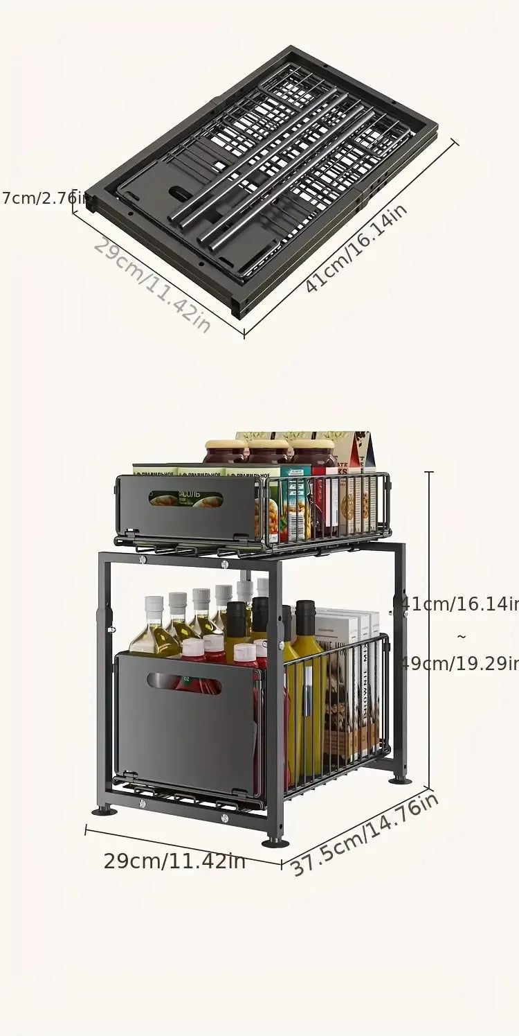 2 Tier Pull Out Cabinet Organizer Drawer Height Adjustable Kitchen Rack for Cabinet Under Sink Organizer Spice Jar Storage Shelf