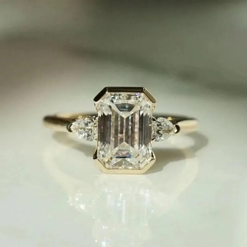 10K Yellow Gold Engagement Ring Original Moissanite 2ct Emerald Cut Fine Wedding Rings with Three Stone Prong Setting for Party