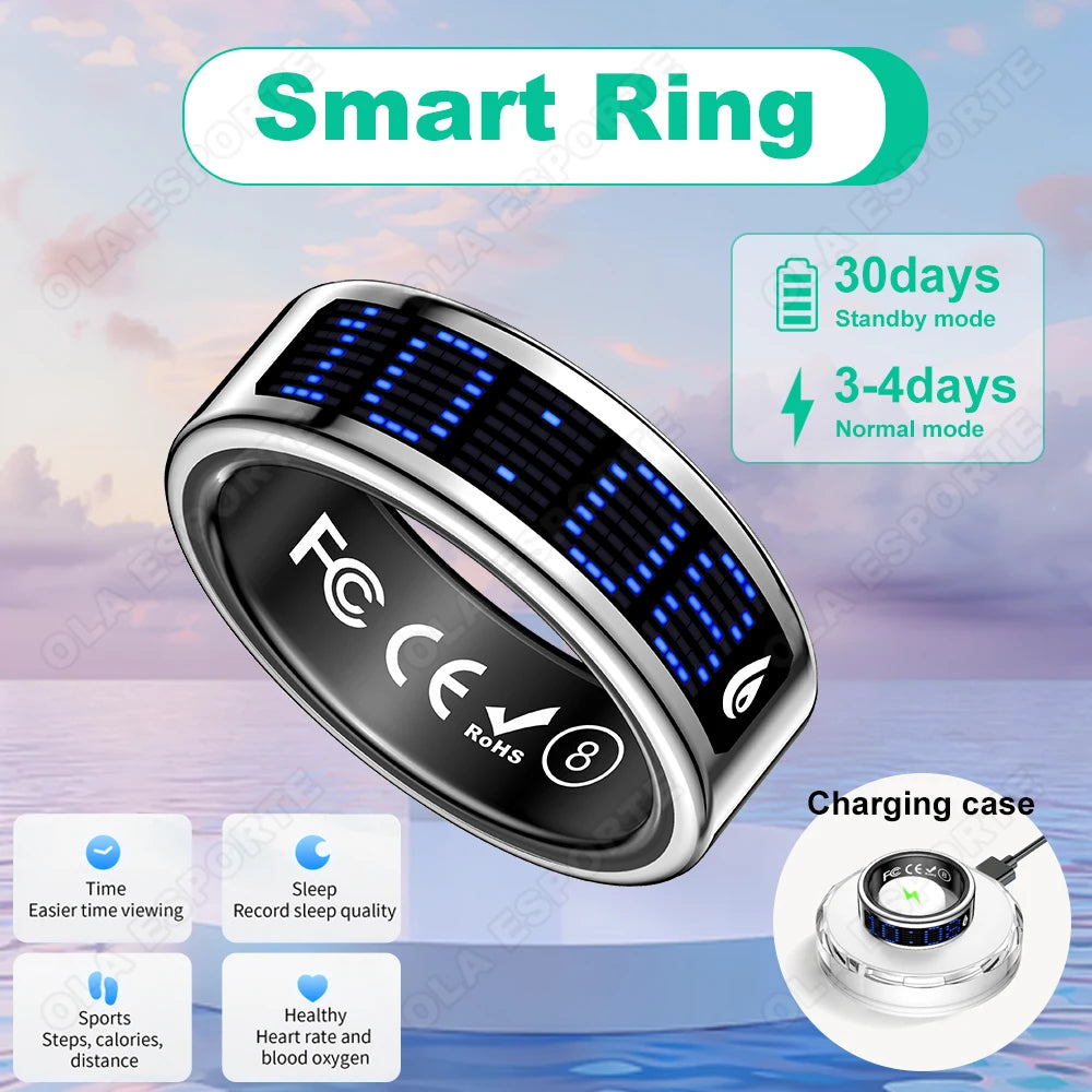 Smart Ring with Charging Base,LED Touch Display Screen,Time,Call Reminder,Gesture Brush Video,Heart Rate Blood Oxygen and Sleep Health Tracker Ring Step Counting Ring 2026 New