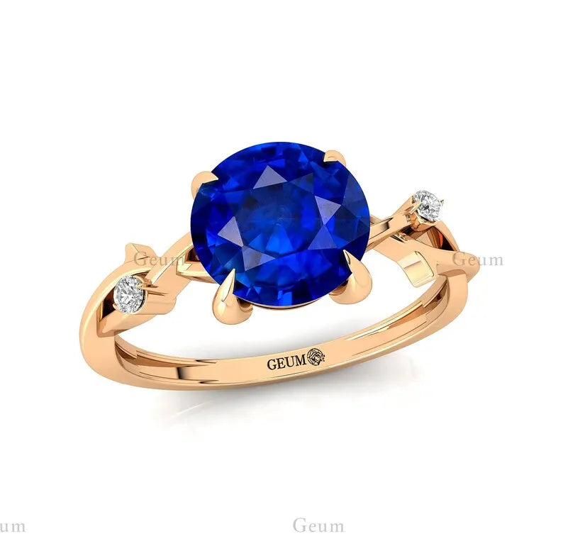 Lab Grown Round Cut Blue Sapphire & Diamond Twisted Band Ring Fine Jewelry 14K Solid Gold September Birthstone Solitaire Rings
