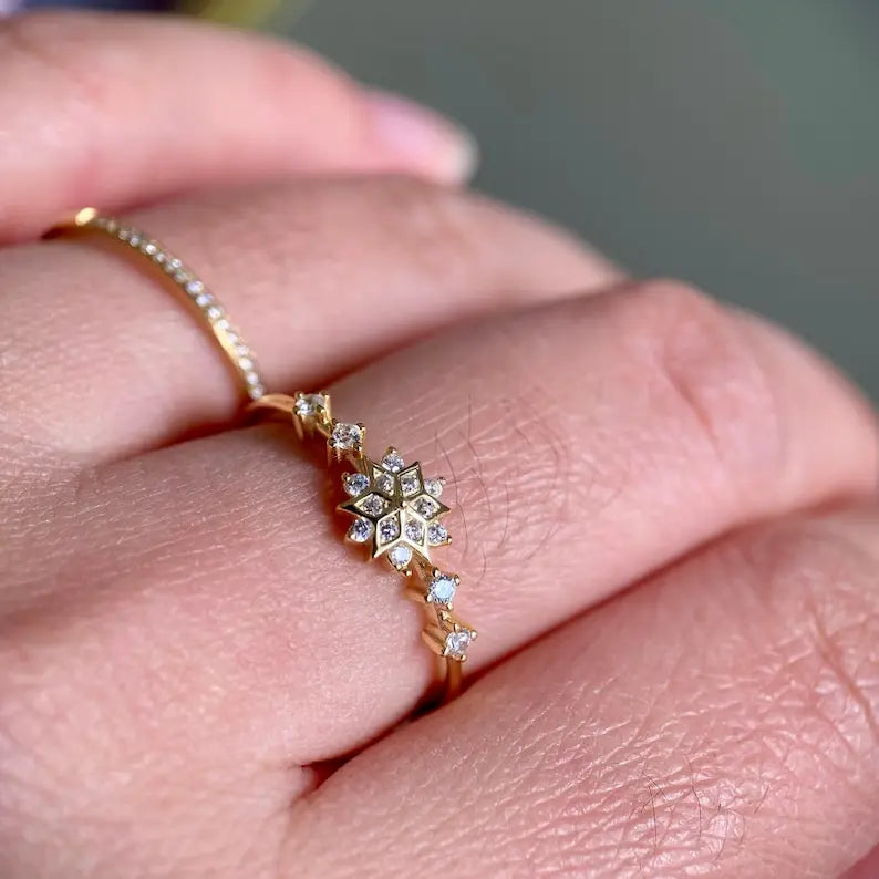 925 Sterling Silver Snowflake Ring Gold Plated Minimalist White Moissanite Engagement Wedding Ring Women Anniversary Gift
