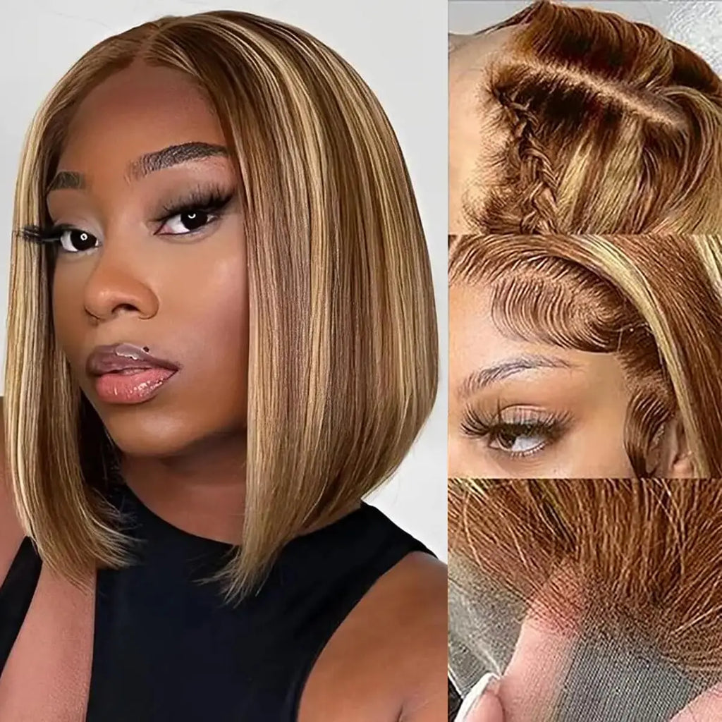 Bob Wig Human Hair 13x4 HD Lace Frontal Short Straight Lace Front Bob Wigs For Women Human Hair Pre Plucked Side Part 150% Density Ombre Highlight 4/27