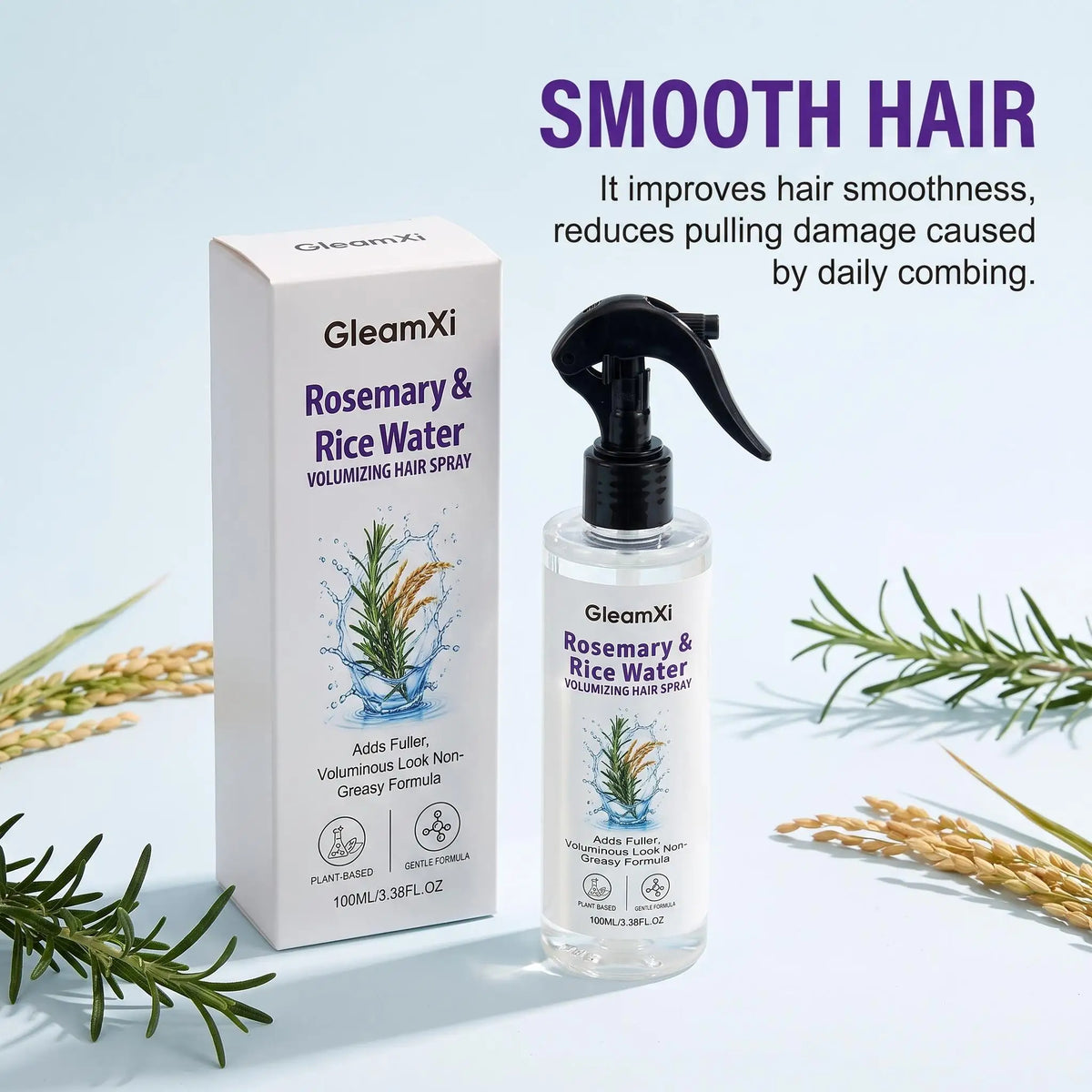 GleamXi Rosemary Rice Water Hair Care Spray Nourishing Strengthening Non-Greasy Volumizing Gentle Formula Shine Boosting Hair Mist