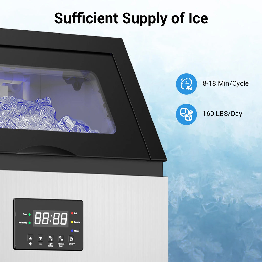 ETL Certified Commercial Ice Maker Machine 160LBS/24H, 45LBS Capacity Freestanding & Under Counter Ice Maker, Clear Ice Cubes
