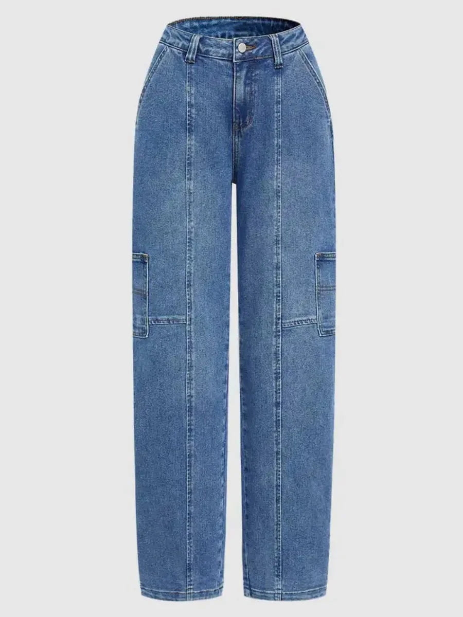 Women’s High-Waist Straight-Leg Cargo Jeans – Light Wash