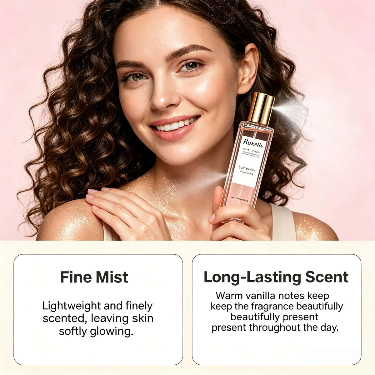Soft Vanilla Shimmer Fragrance Mist Sandalwood Extract Elegant Scent Boost Confidence Romantic Atmosphere Long Lasting Glow Perfume Spray
