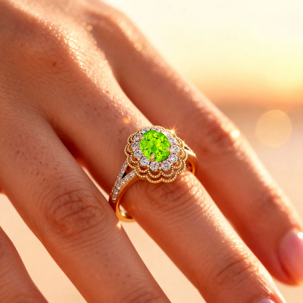 Trendy 14K Gold Oval Shape Natural Peridot Gemstone Cluster Real Cut Diamonds Halo Diamond Engagement Wedding Rings ODM Supplier