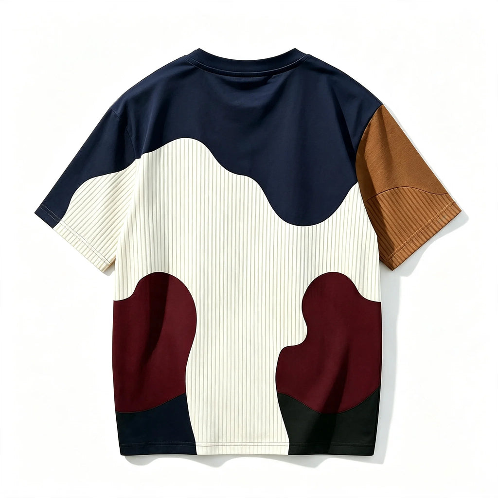 Men Chicago Letter Patchwork T-shirt Wavy Color Block Striped Short Sleeve Crew Neck Casual Streetwear Tops