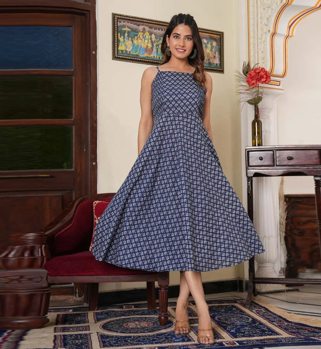 Blue Floral Printed Cotton Anarkali Dress One Set for Women Sleeveless Design square Neck Featuring Smoking Embroidery Elegant