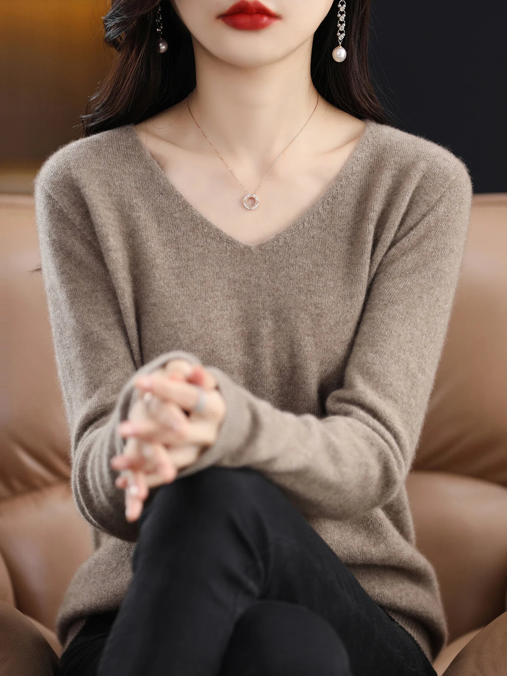 Sweater for Women 100% Merino Wool V Neck Sweater Fall Winter Basic Warm Pullovers Long Sleeve Soft Knit Jumpers Female Clothing