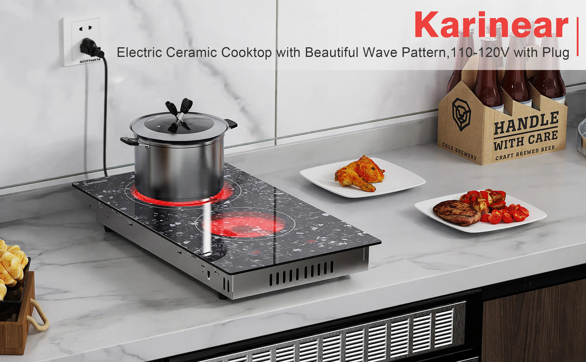 Karinear 2 Burners Electric Cooktop, 120v Plug in Ceramic Cooktop, 12 Inch Countertop & Built-in Electric Stove Top with Child Safety Lock, Timer, Over-Temperature Protection, Sensor Touch Control
