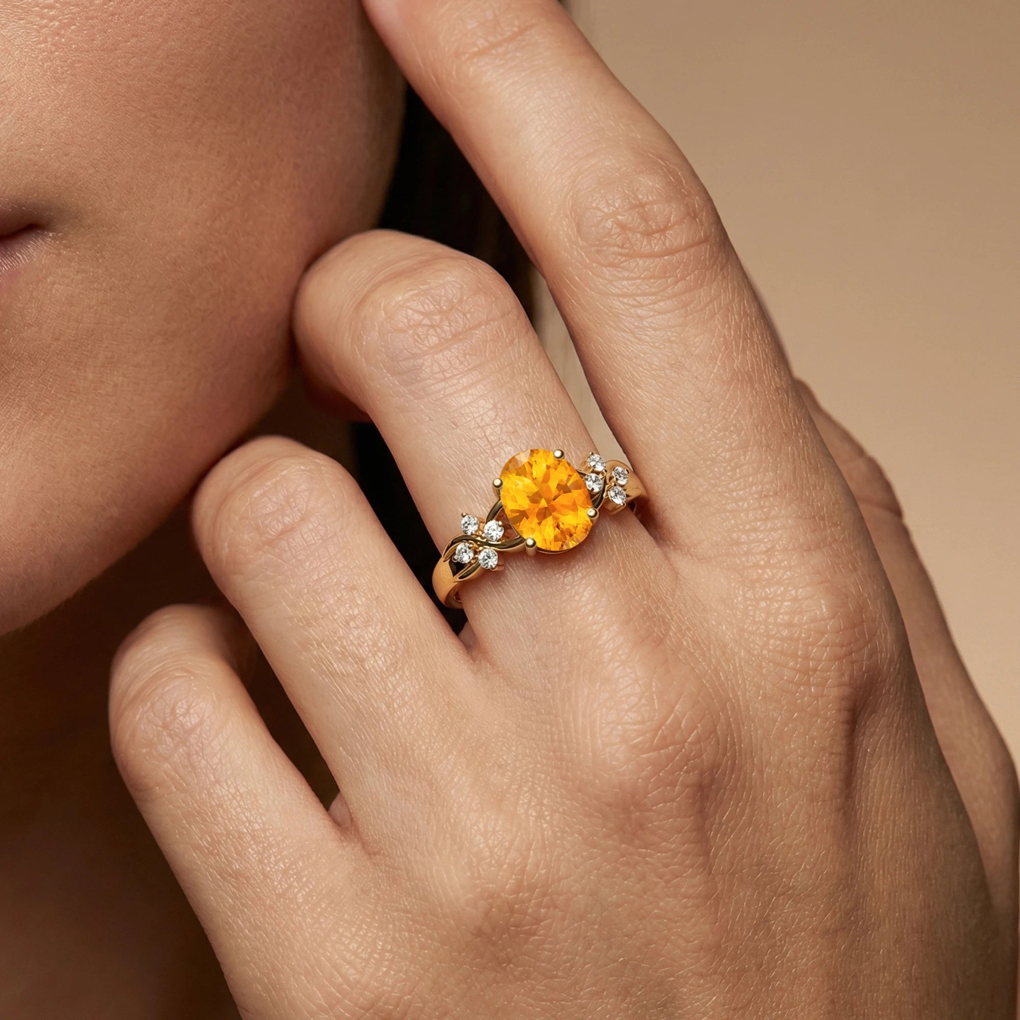 Heirloom Quality 14K Solid Gold Unique Oval Shape Natural Citrine Gemstone & Real IGI Certified White Diamonds Fine Bridal Rings