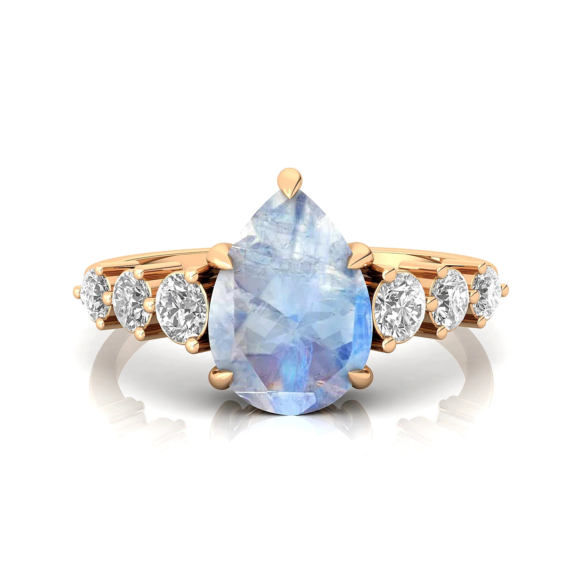 Fabulous Pear Shape Natural Rainbow Moonstone Gemstone Bridal Cluster Rings in 18k Solid Gold with Round Cut Real Diamonds Ring