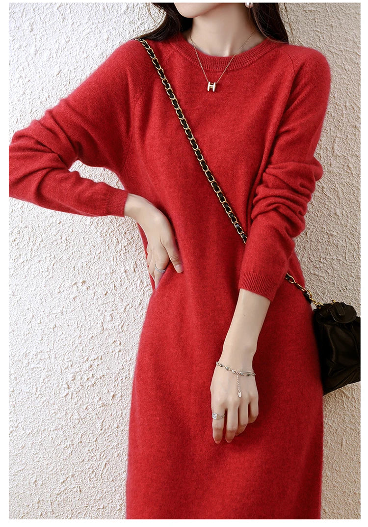 Cashmere Sweater Knitted Dresses 100% Merino Wool Women's Winter Female Elegant Pullovers Dress Autumn Casual Long Sleeve Skirts