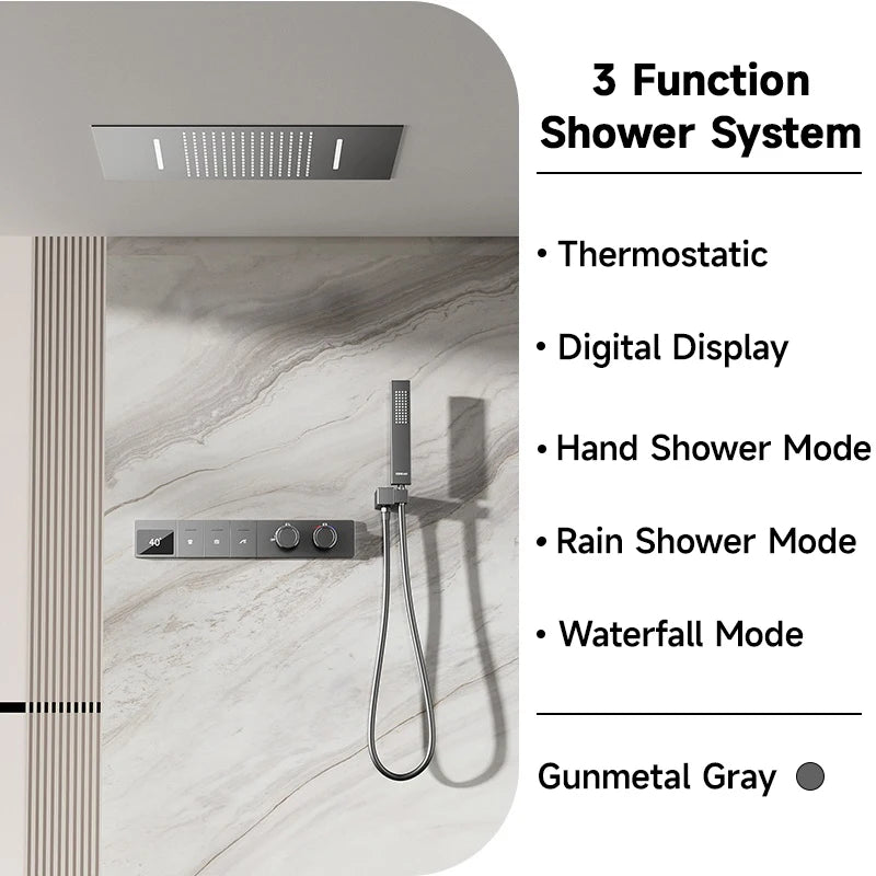 630×330mm Ceiling Thermostatic Shower System Concealed Brass Rainfall Waterfall 4 Function Digital Display Anti-Scald Bathroom S