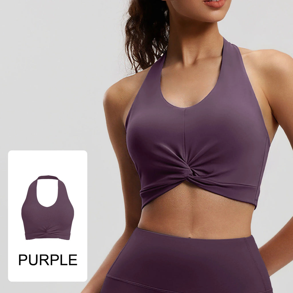 Twist Front Halter Sports Bra with Built-in Pads, Cropped Yoga Tank for Women, Breathable Fitness Workout Top