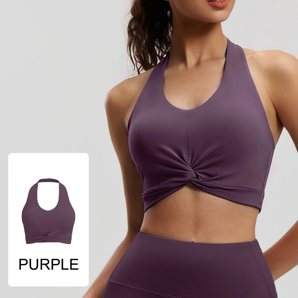 Twist Front Halter Sports Bra with Built-in Pads, Cropped Yoga Tank for Women, Breathable Fitness Workout Top