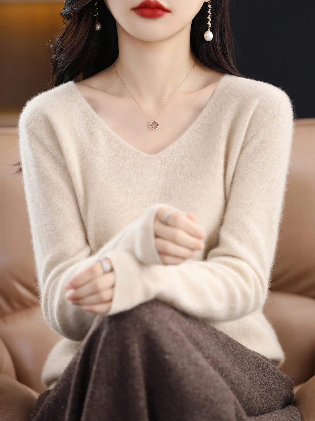 Sweater for Women 100% Merino Wool V Neck Sweater Fall Winter Basic Warm Pullovers Long Sleeve Soft Knit Jumpers Female Clothing