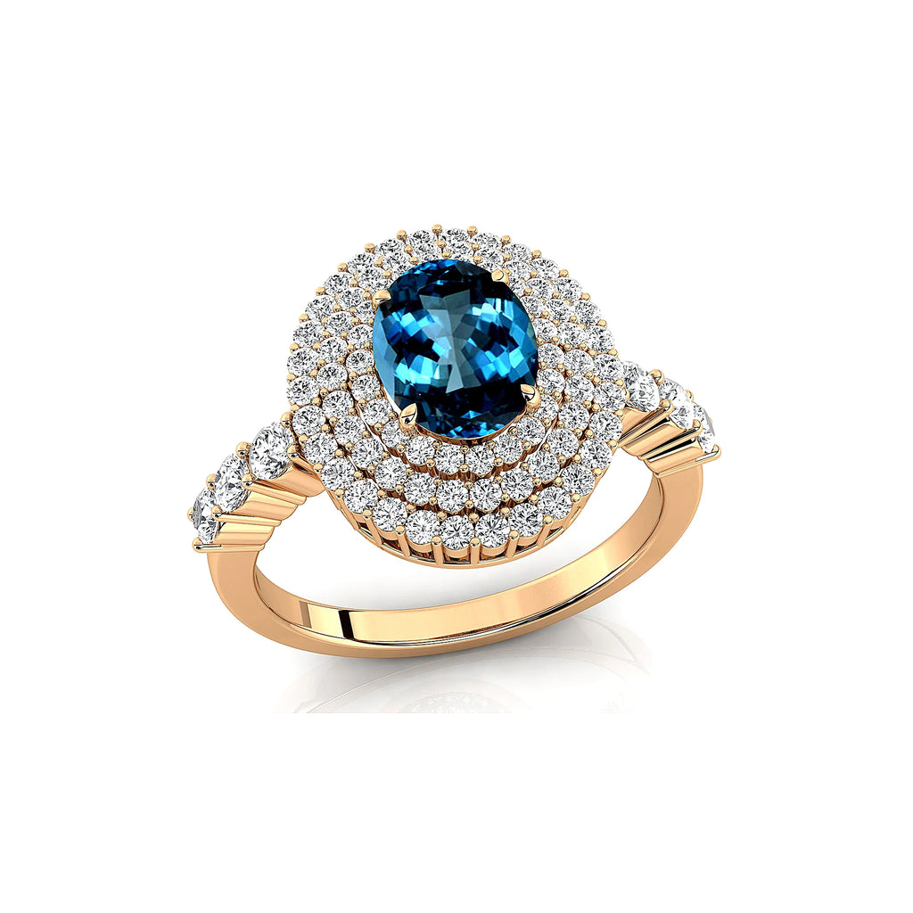 100% Natural London Blue Topaz Gemstone Halo Style Engagement Rings in 18kt Solid Gold Studded With Round Cut Diamonds Jewelry